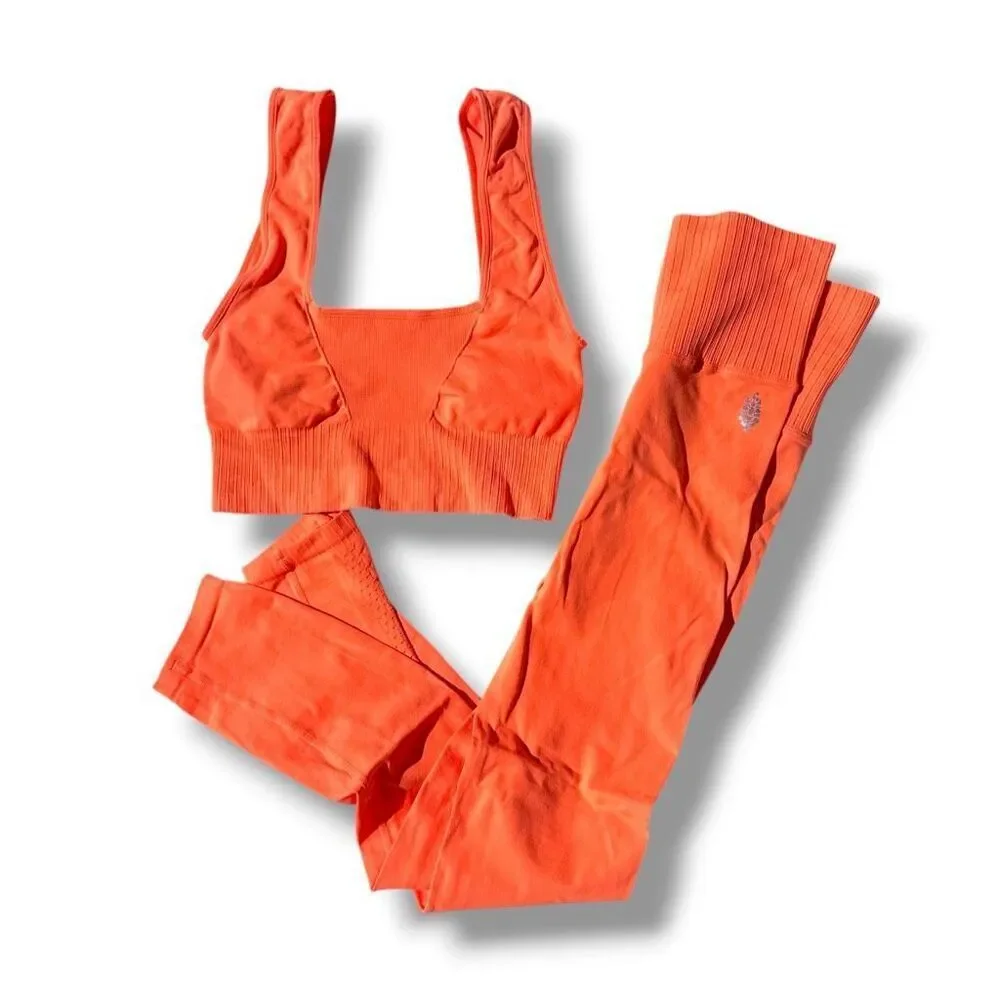 Free People Movement Good Karma Leggings & Square Neck Bra Set Neon Orange XS/S